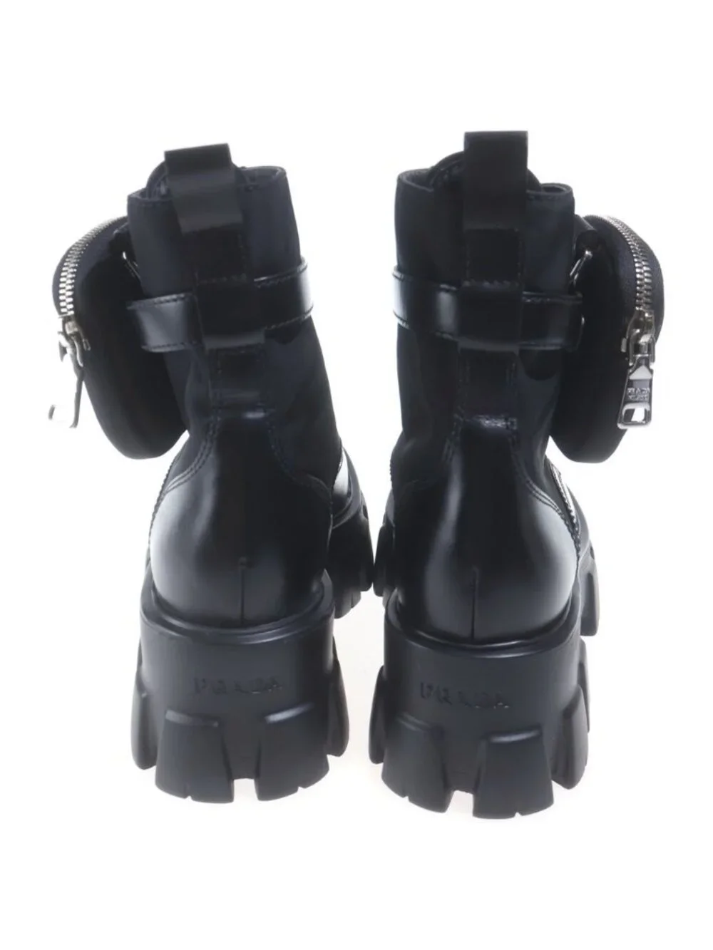 Prada Leather Short Boots with Monolith Pouch Shoes Re-Nylon Triangle Logo Black